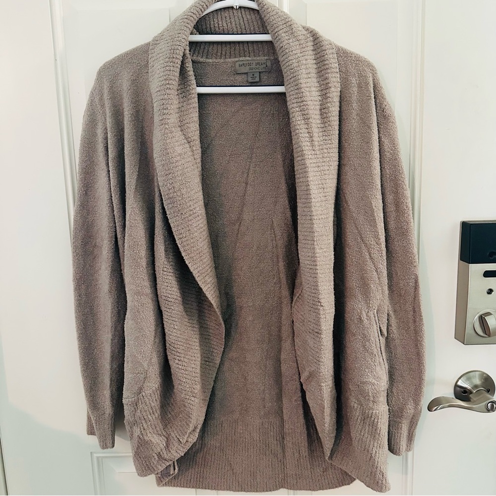 Barefoot Dreams Cozychic Lite Cardigan M | Light Brown Open Front Ribbed Collar